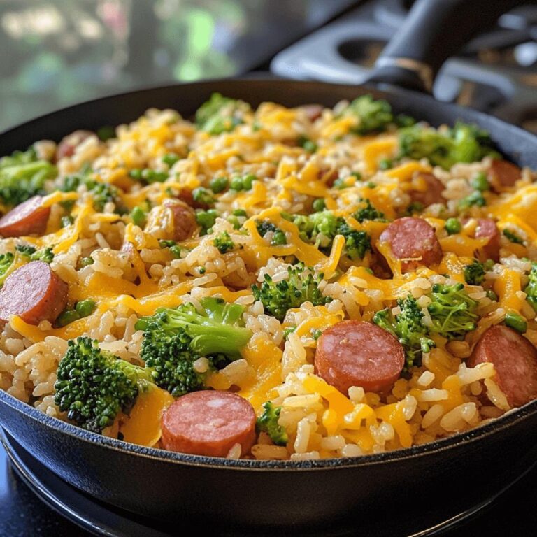 Cheesy Kielbasa Rice Broccoli Skillet