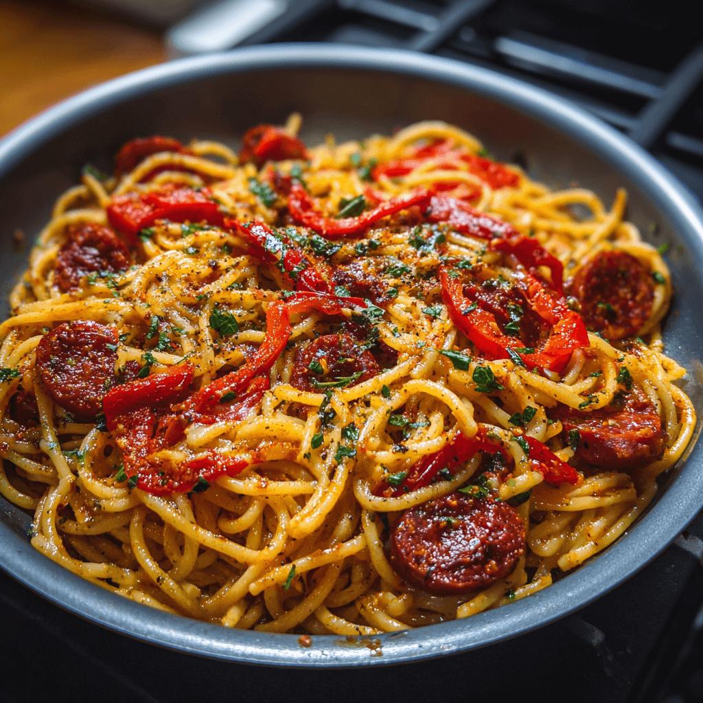 Spaghetti with Chorizo and Peppers
