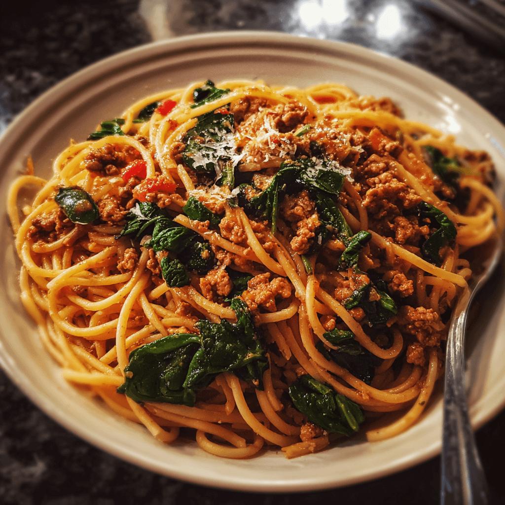 Spaghetti with Ground Turkey and Spinach