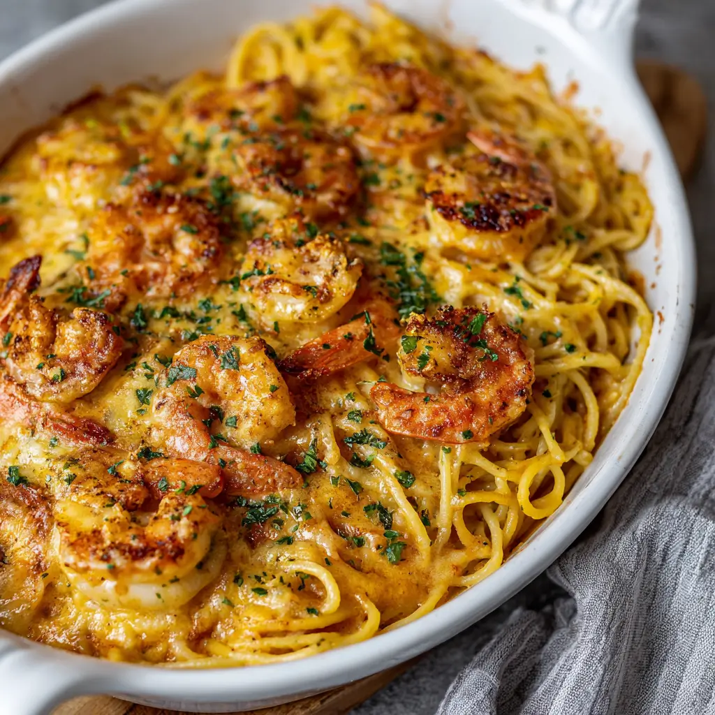 Creamy Cajun Shrimp Spaghetti Bake