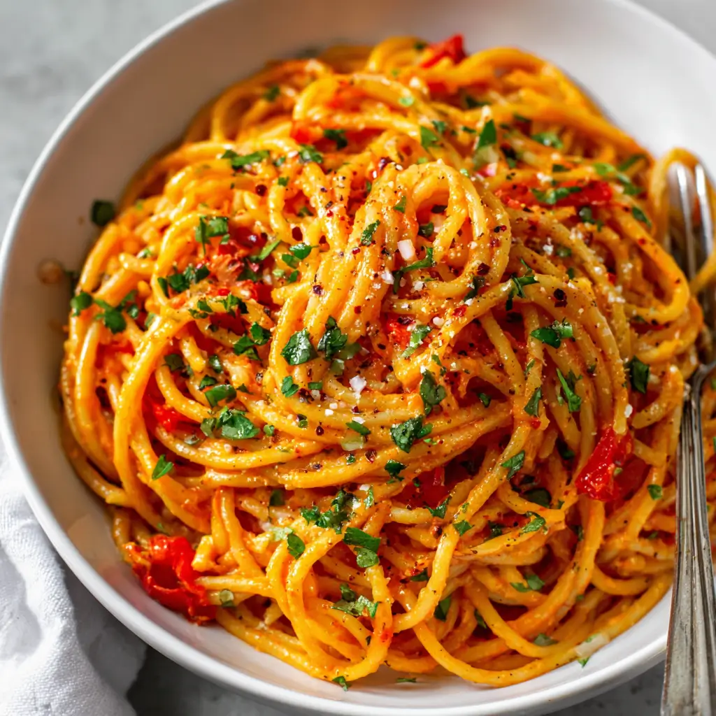 Creamy Roasted Red Pepper Spaghetti