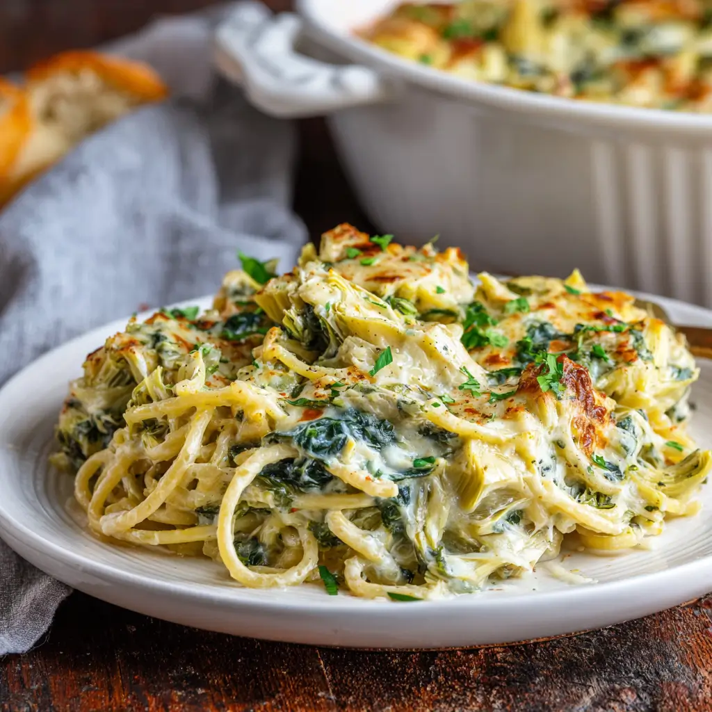 Creamy Spinach Artichoke Spaghetti Bake