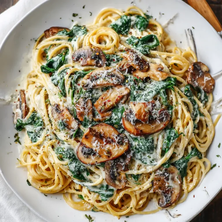 Spinach Mushroom Alfredo Spaghetti