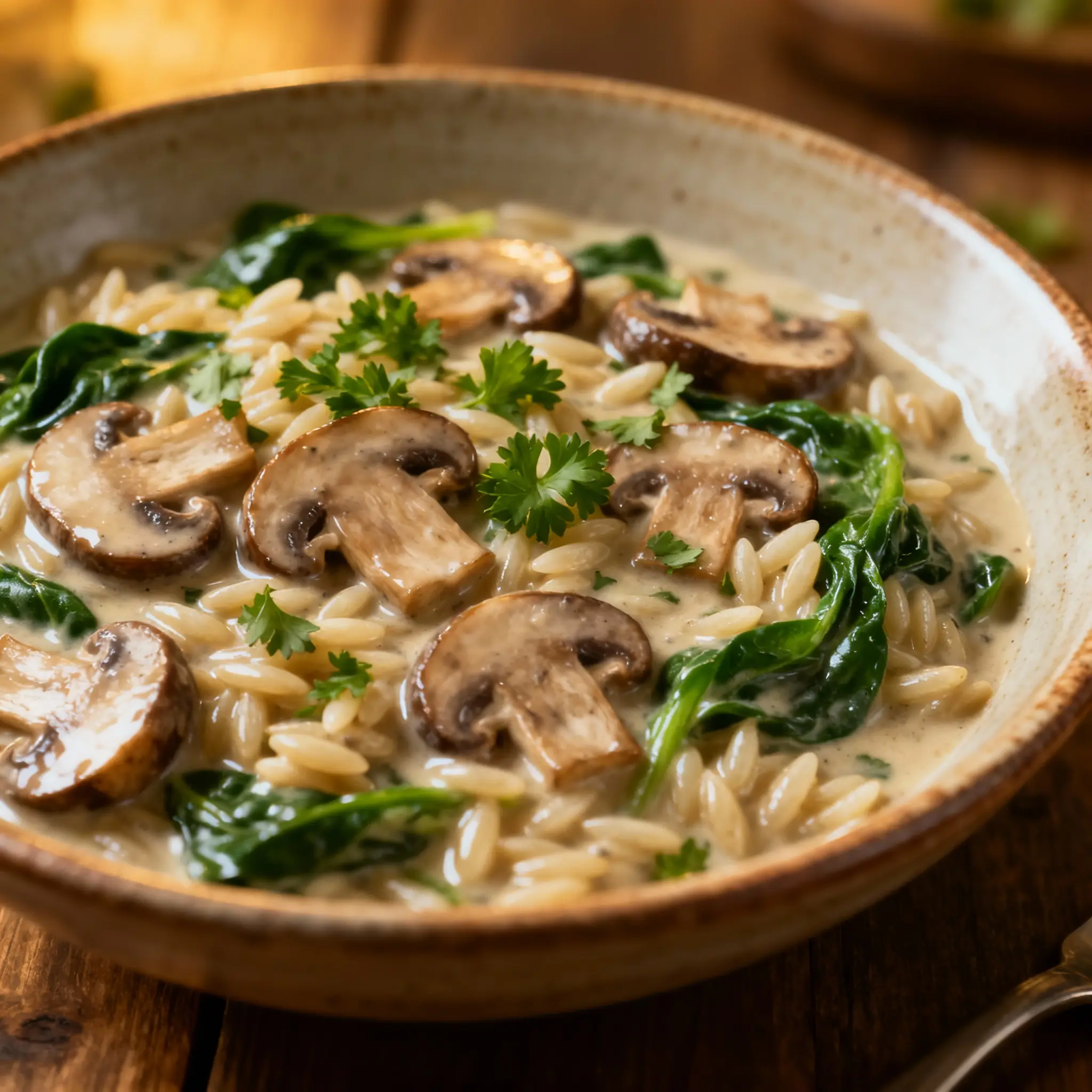 Creamy Mushroom & Spinach Orzo