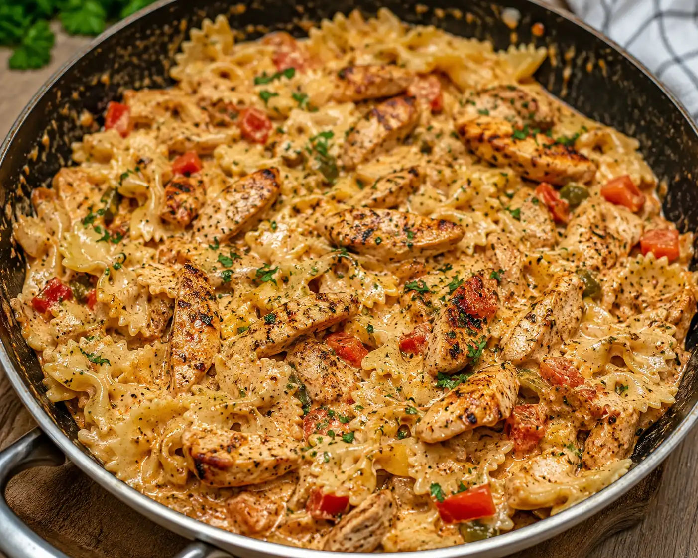 Creamy cajun chicken bowtie pasta skillet