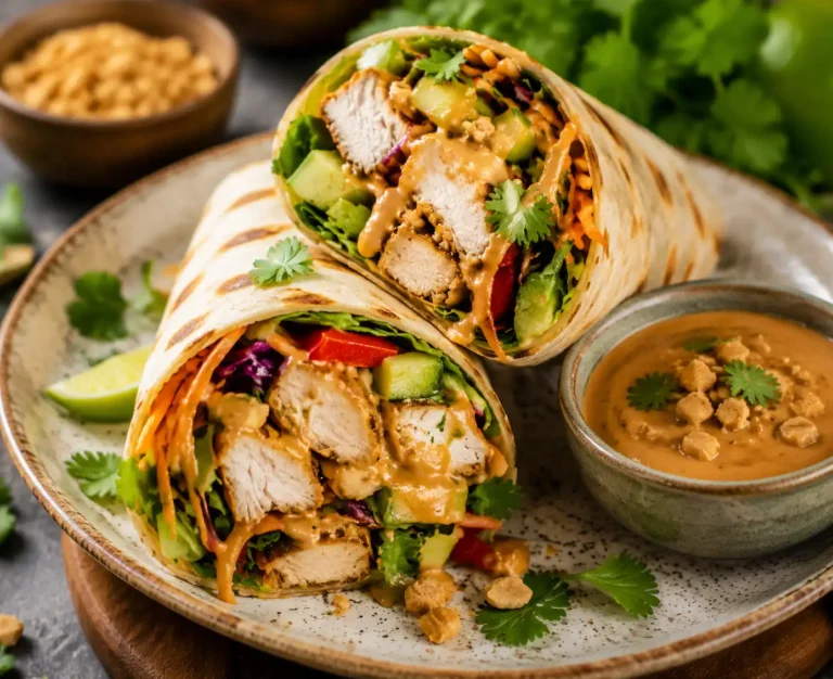 Delicious Thai Peanut Chicken Wraps with Fresh Vegetables and Creamy Peanut Sauce