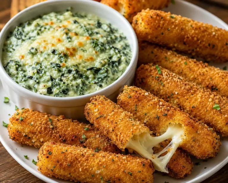 Spinach dip moeearella sticks